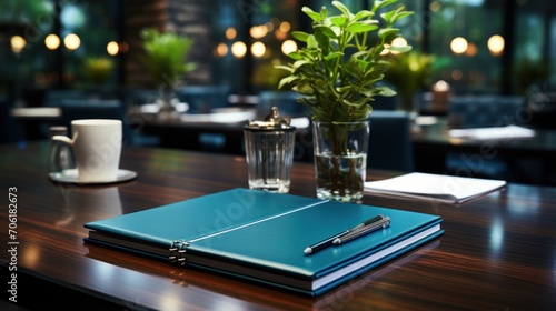 Wallpaper Mural Notebook with pen on table in meeting room. Torontodigital.ca