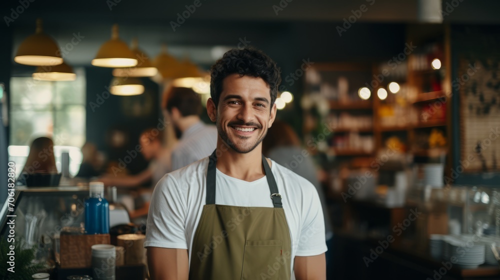 Successful small business owner standing with crossed arms with employee in background coffee shop