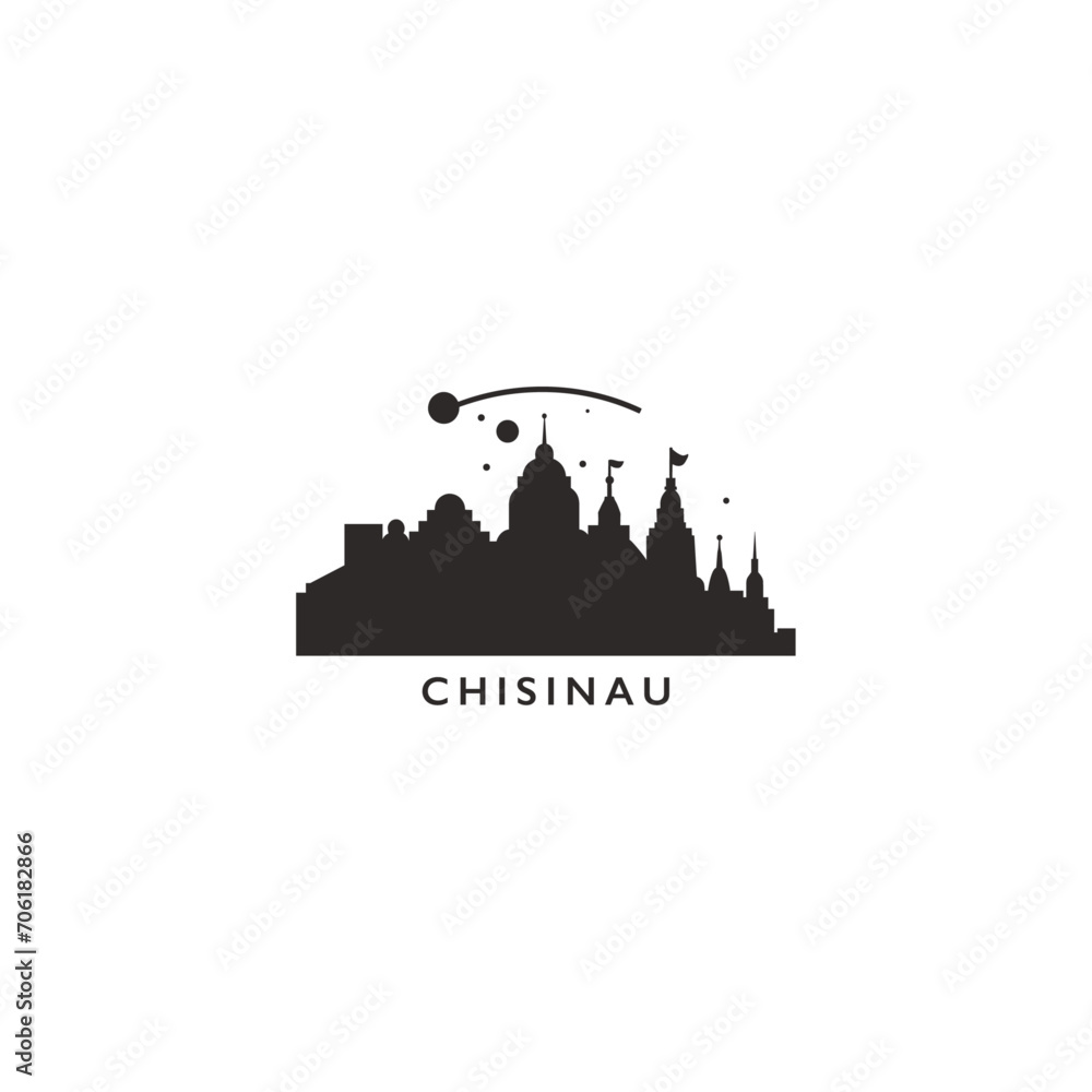 Chisinau cityscape skyline city panorama vector flat modern logo icon. Moldova emblem idea with landmarks and building silhouettes. Isolated black shape graphic