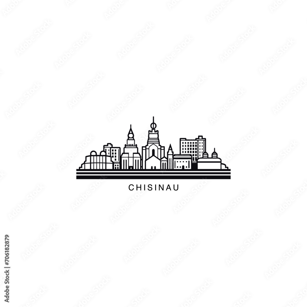 Chisinau cityscape skyline city panorama vector flat modern logo icon. Moldova emblem idea with landmarks and building silhouettes. Isolated thin line graphic