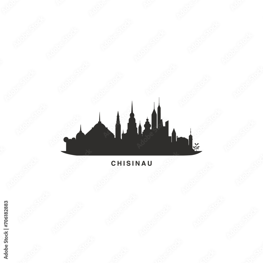 Chisinau cityscape skyline city panorama vector flat modern logo icon. Moldova emblem idea with landmarks and building silhouettes. Isolated black shape graphic Chisinau cityscape skyline city panorama vector flat modern logo icon. Moldova emblem idea with landmarks and building silhouettes. Isolated black shape graphic