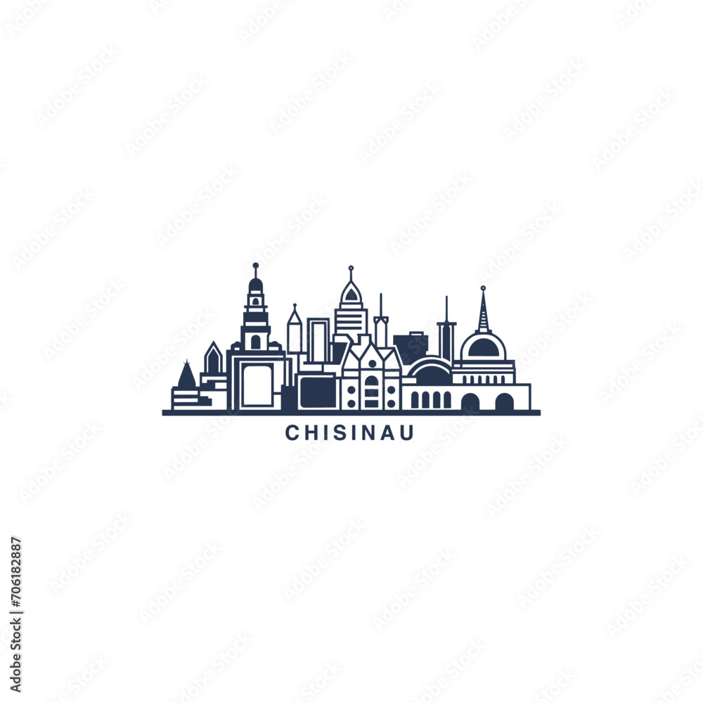 Chisinau cityscape skyline city panorama vector flat modern logo icon. Moldova emblem idea with landmarks and building silhouettes. Isolated thin line graphic