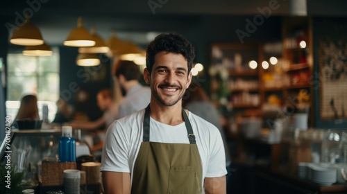 Successful small business owner standing with crossed arms with employee in background coffee shop