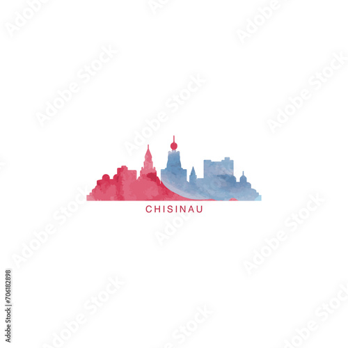 Chisinau watercolor cityscape skyline city panorama vector flat modern logo, icon. Moldova megapolis emblem concept with landmarks and building silhouettes. Isolated graphic