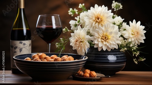 White flowers in black vase next to wine bottle and snacks on dining table