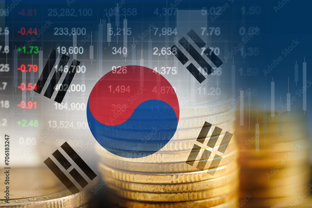 South Korea flag with stock market finance, economy trend graph digital technology. - obrazy, fototapety, plakaty 