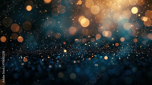 Background of abstract glitter lights, bokeh, blured. blue, gold and black. de focused. banner background