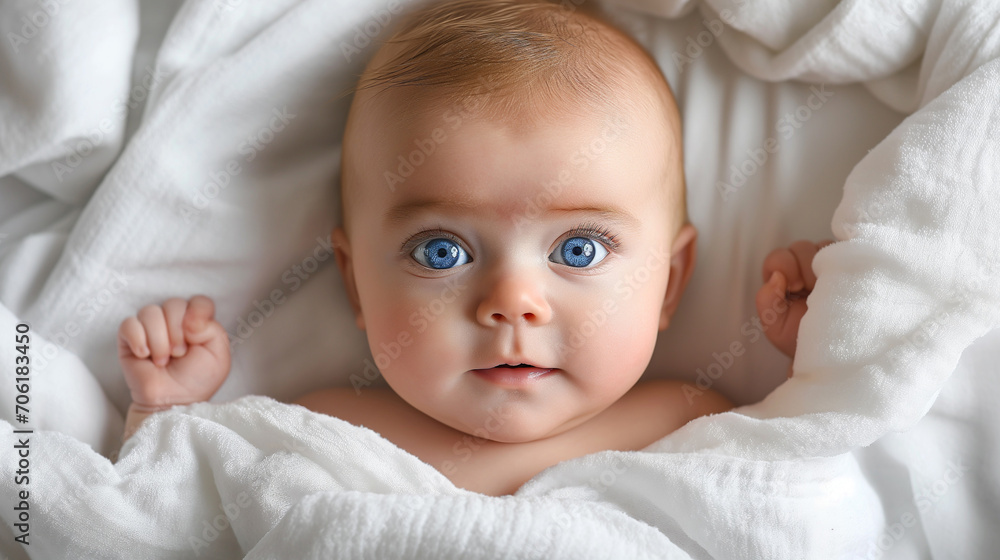 Newborn lying on a bed with white blankets, Baby look at the camera top view, Health care and happy family concept, generative AI Newborn lying on a bed with white blankets, Baby look at the camera top view, Health care and happy family concept, generative AI