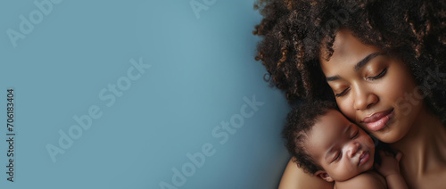 Child care with African American mother with her baby, Health care and happy family concept, empty space in studio shot isolated on blue long banner background, generative AI