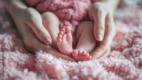 Tiny newborn baby's feet on mom shaped hands closeup, Beautiful conceptual image of maternity, generative AI