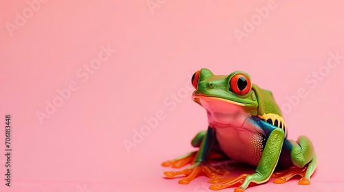 Frog on pink background. Green frog with red eyes on pink background.