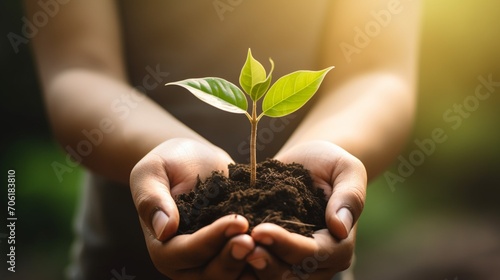 hand holding plant on blur green nature background, earth day concept