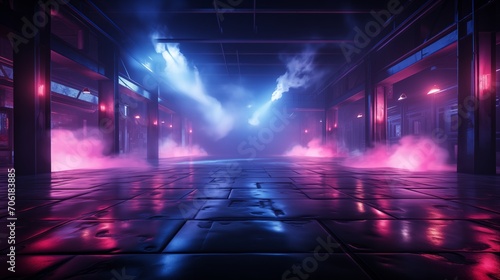 Sci Fi Futuristic Smoke Fog Neon Laser Garage Room,blue pink violet neon abstract background,ultraviolet light,night club Cyber Undergound Warehouse Concrete Reflective Studio,3D Render illustration 