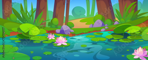 Forest summer landscape with water lilies on lake surface. Cartoon vector jungle wetland scenery with green grass and bushes, tree trunks on shore of pond with pink lotus flowers and leaf pad.