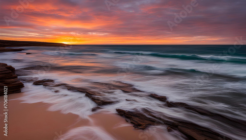 Yellow sunset over the sea waves