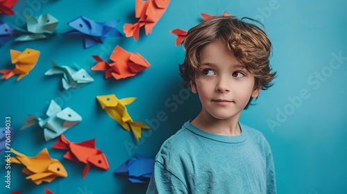Little boy with paper fishes on color background. April Fools Day celebration photo