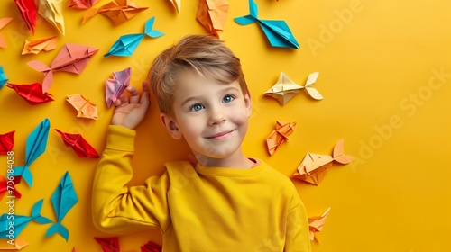 Little boy with paper fishes on color background. April Fools Day celebration photo