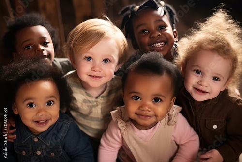 Diverse group of smiling toddlers in warm indoor setting. Childhood innocence and diversity. © Postproduction