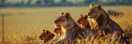 A family of lions in the wild. photo