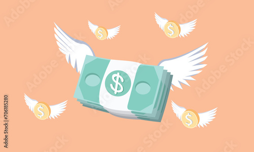 3D Bundles cash and floating coins around.money-saving, cashless society concept.3d goal for business, bank, finance, investment, money illustrations.