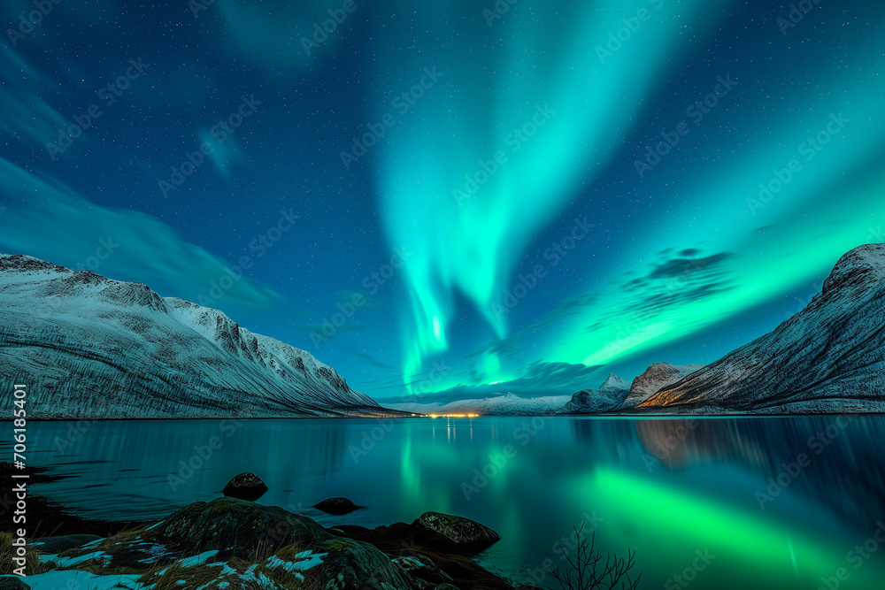 the Northern Lights, with vibrant green and blue hues dancing across the starry night sky and reflecting off the surface of a calm mountain lake.