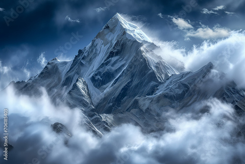 mountain peak rising majestically above swirling clouds and mist  with sunlight casting shadows on its snowy and rocky slopes.