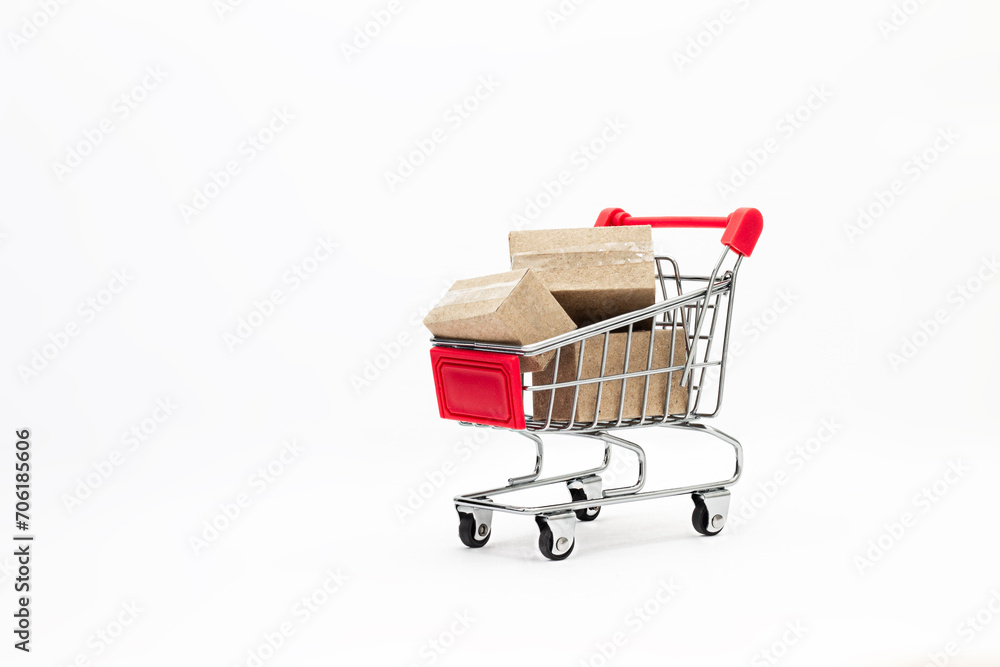 mini shopping cart with cardboard boxes