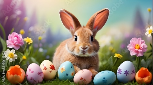 easter bunny and easter eggs,Cute bunny in a flower meadow with Easter eggs. Greetings on Easter.