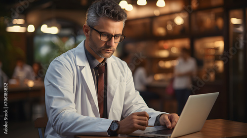Doctor Works on Laptop Wearing Lab Coat in Coffee Shop. Scientists Work in Front of Computer