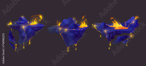 Floating islands of rocky land with hot orange lava liquid with splashes and bubbles eruption and spread. Game cartoon vector illustration set of flying pieces of ground for gui jump and level map.