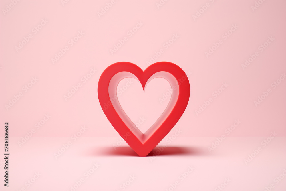 3D render of a red heart with heart shaped cut out isolated on a pink background facing the viewer