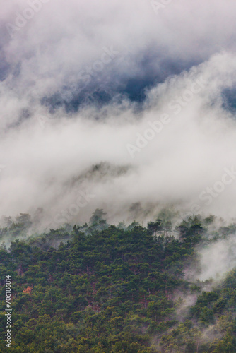 Mountain landscape. rain clouds over the forest. Turkey.