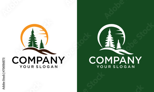 pines tree forest and road landscape logo icon vector template nature leave design concept