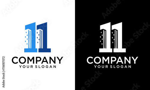 Creative Architectural Building Logo with numbers 11. Flat Vector Logo Design.