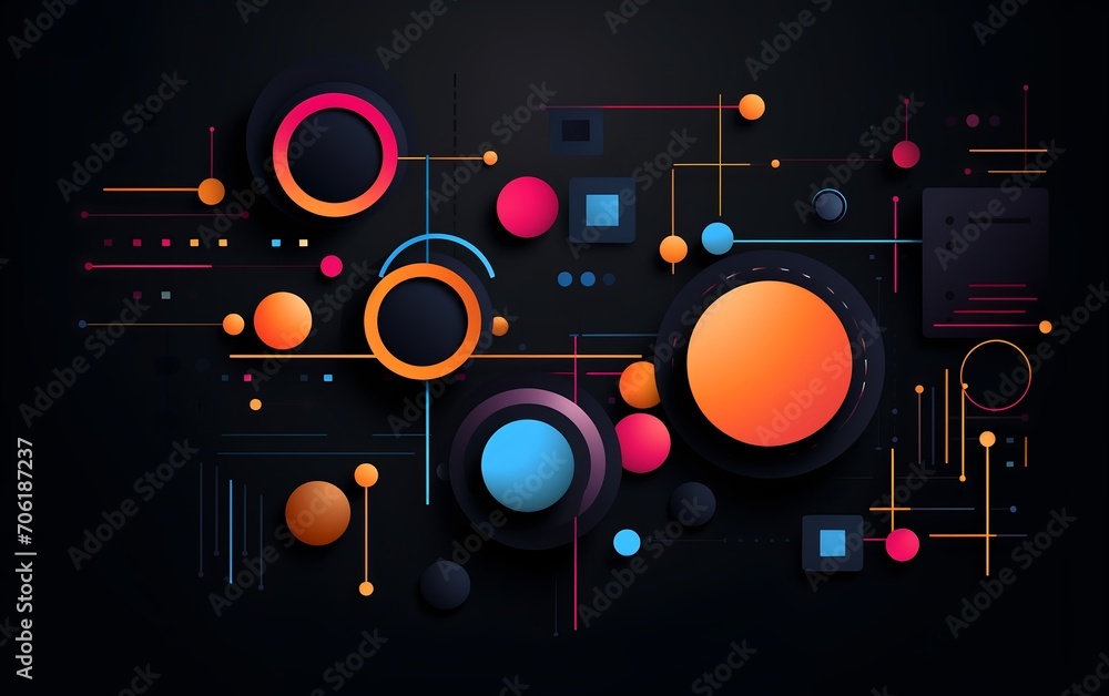 Fototapeta premium Colorful geometric structures design on black background wallpaper. Dark background. AI generated