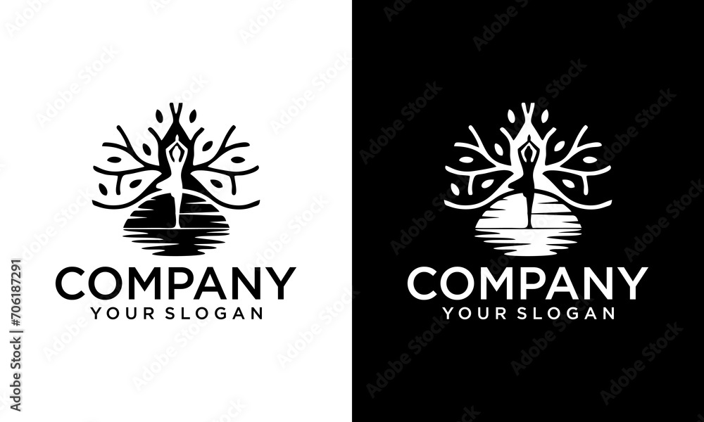 Minimalist Yoga poses human line art logo design concept. Yoga meditation logo illustration vector.
