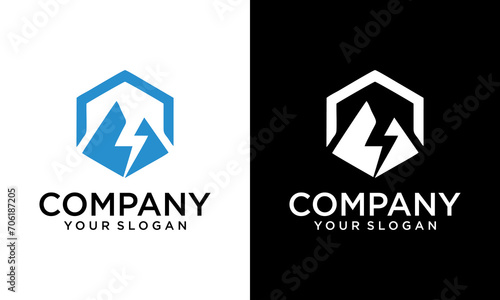 Creative hexagon Thunder flash mountain energy symbol logo vector.  Ilustration vector graphic of Mountain Concept Cloud Electrical icon logo lightning thunder bolt