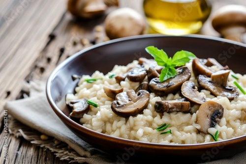 Creamy Mushroom Risotto with Fresh Herbs in a Ceramic Bowl