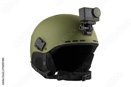 Helmet with action camera on white background