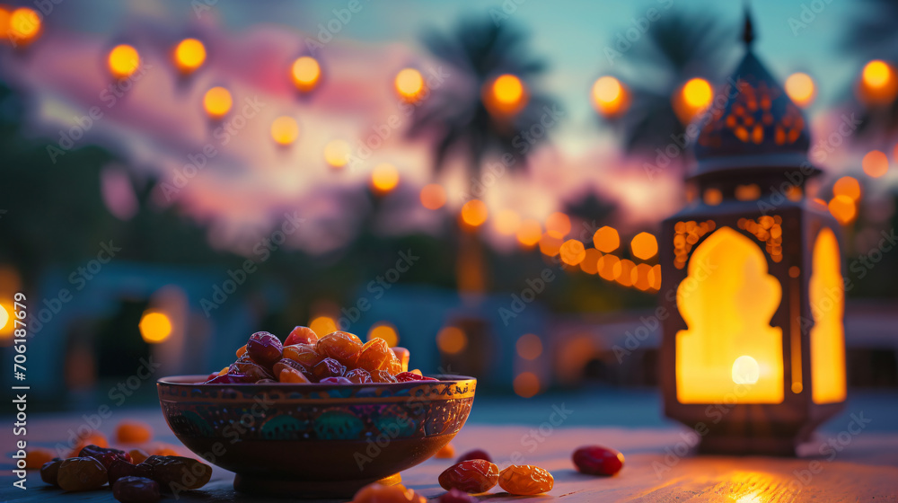 Ramadan Lantern with plate of dates fruit on bokeh light background Ramadan Lantern with plate of dates fruit on bokeh light background