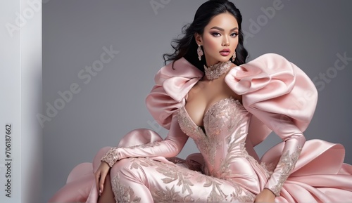 beauty fashion model wearing a futuristic pink and gold design of a long duchesse gown, long embroidered beaded dress made of satin cotton photo