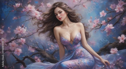  beautiful lady Full Modern Acrylic painting, a woman wearing long dress,
