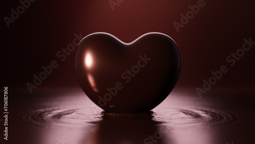ハートの形をしたチョコレート。溶けたチョコレートの水面に浮かぶハート。3D（横長） photo