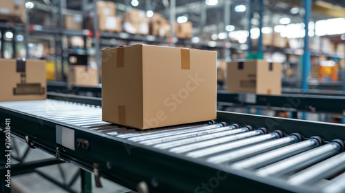 Ecommerce package in a logistics warehouse on conveyer belt. Business concept.  © Nim