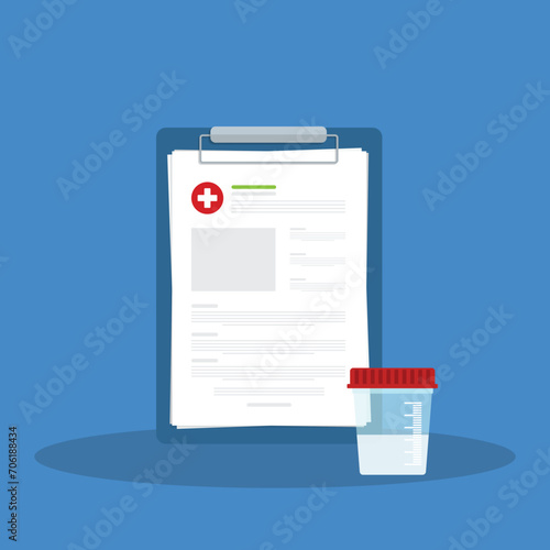 Semen test medical sample in a glass tube and medical lab analysis form list with results data. Medical semen test records concept. Chemical laboratory analysis. 
