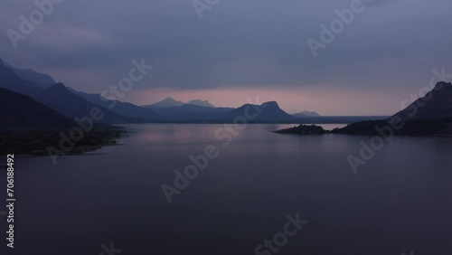 Scenic drone shot of Palar Dam Reservoir at sunset photo