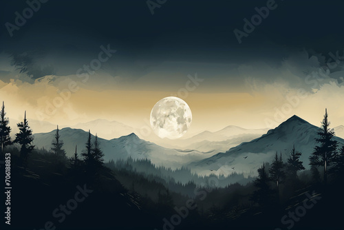 Nature, landscape and art concept. Abstract illustration of mountains at night with big moon and forest in background with copy space. Minimalist and abstract style © Rytis
