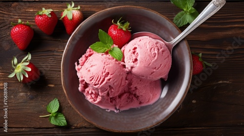 Strawberry Ice Cream Bowl With Fresh Strawberry photo