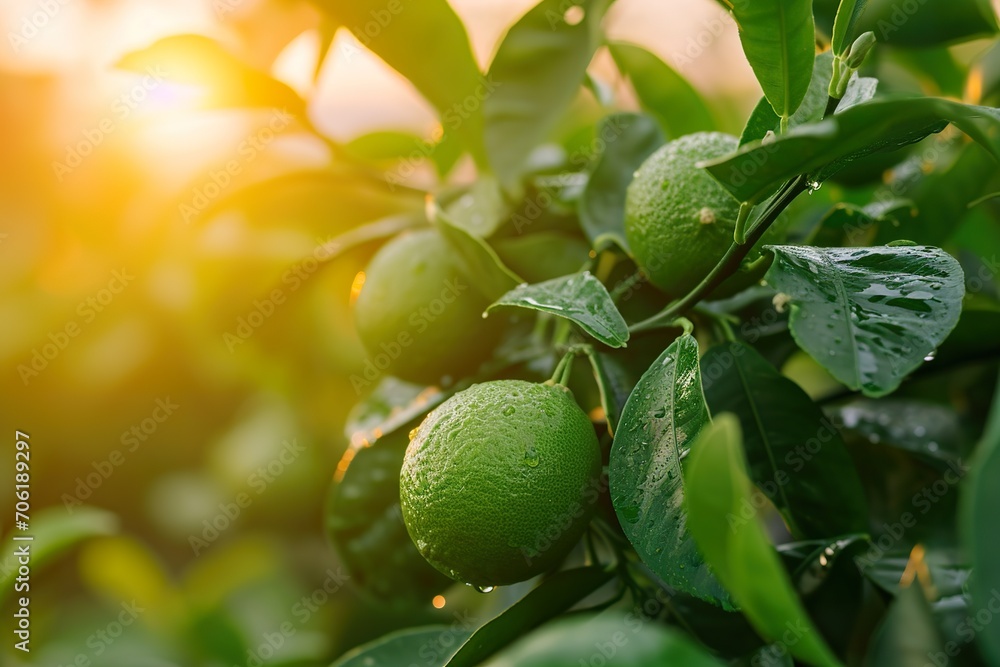 Close-up Lime with leaves in the garden at sunrise