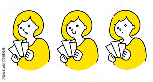 お札を数える女性のイラスト　表情セット